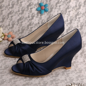 Peep Toe Wedding Wedge Heel Navy Satin Shoes